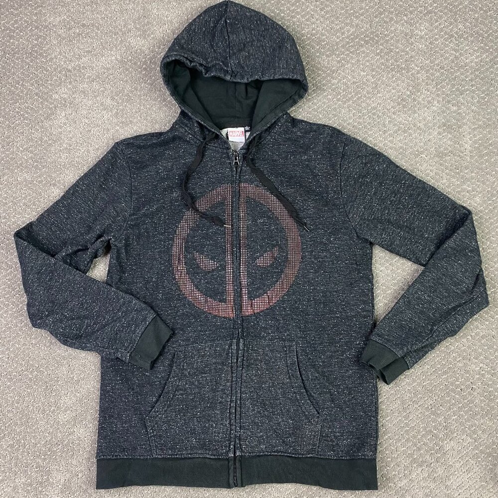 Deadpool Hoodie Men's Large Fits Like a Medium Marvel Comics Full Zip Up Gray